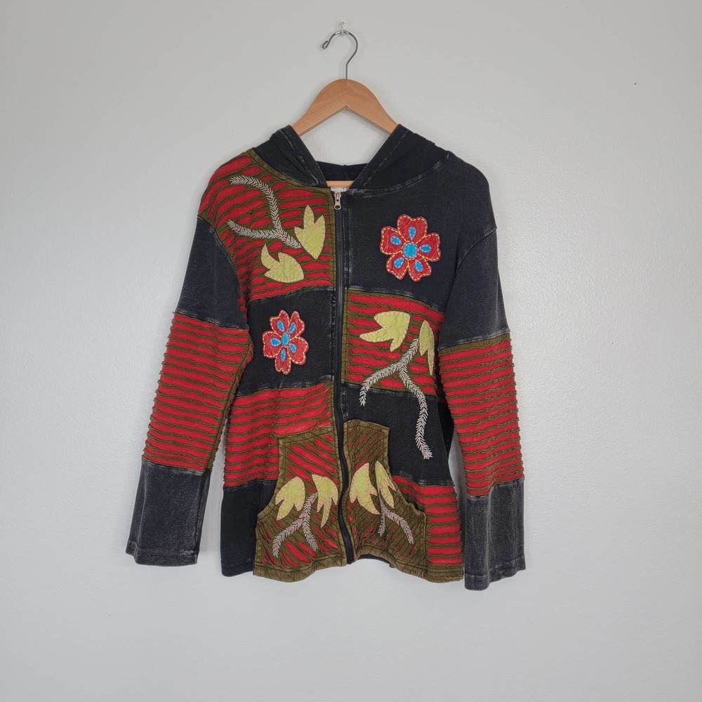 Patchwork Boho Hippie Embroidered Colorful Zip Up Hoodie Sz. XL